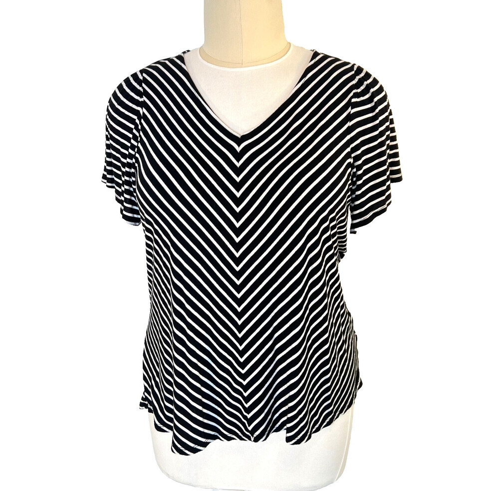 Cable & Gauge - Women's 1X Blouse Black White V Stripe VNeck Short Sleeve Flare